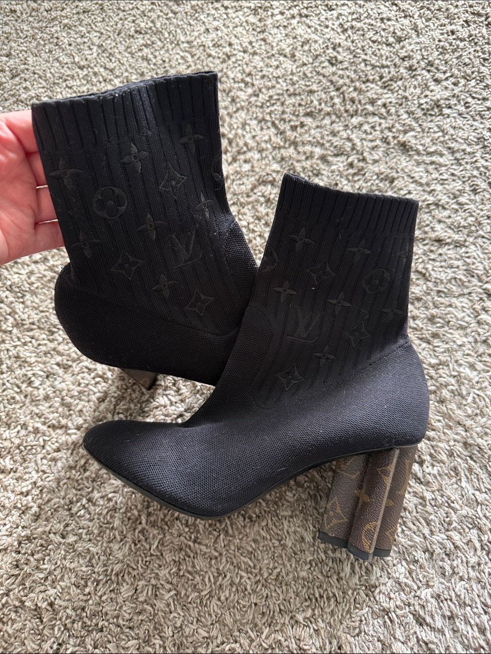 Louis Vuitton Black Monogram Knit Sock Booties with Patterned Block Heel